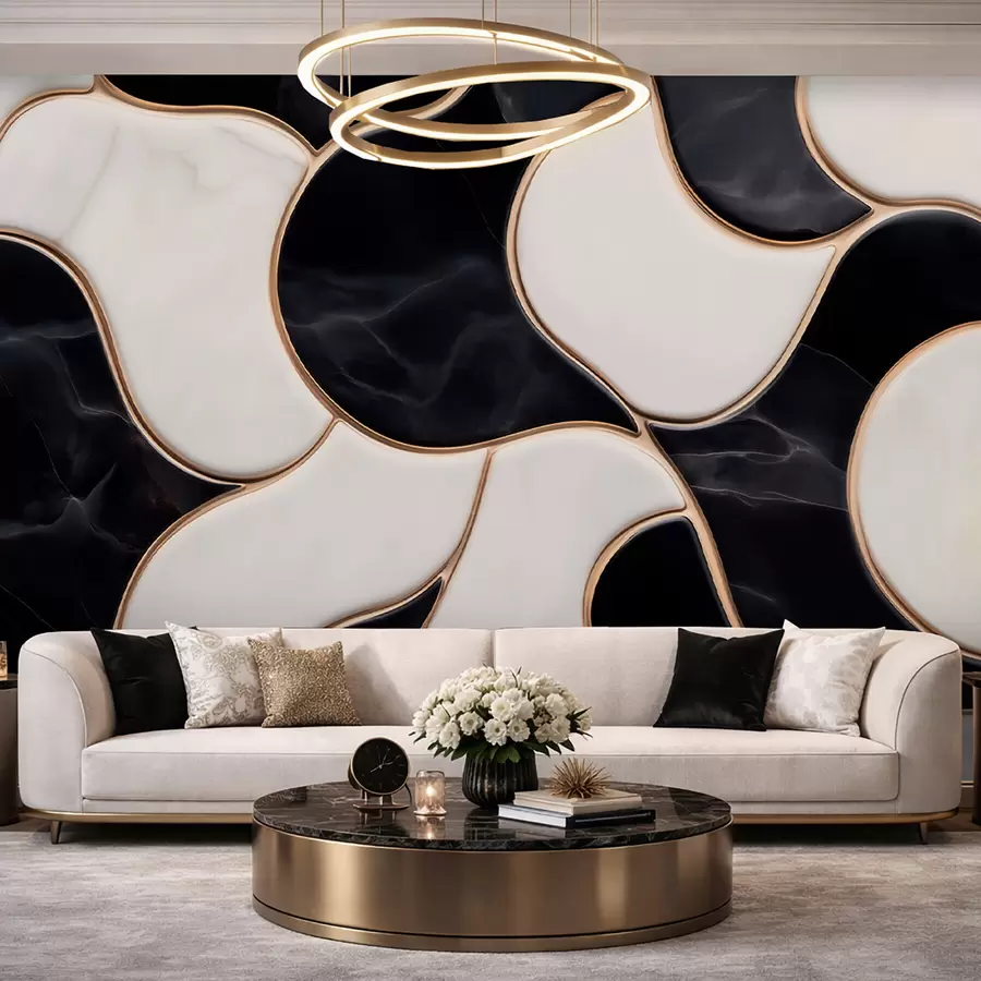 murais de parede Imitacão abstrata de uma composição em mármore em tons de preto e branco com linhas amarelas w09733