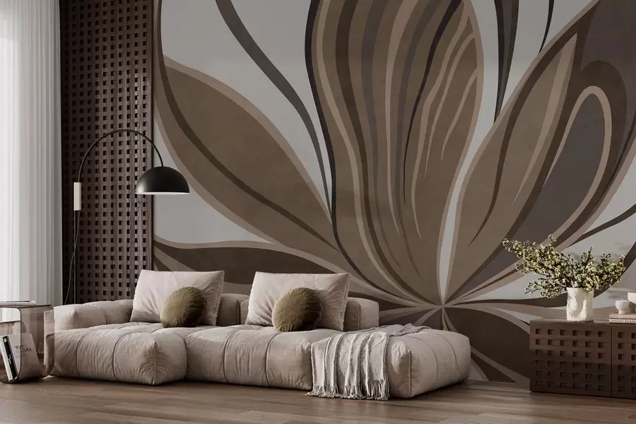 murais de parede Flor estilizada com linhas fluidas em tons de castanho w05147