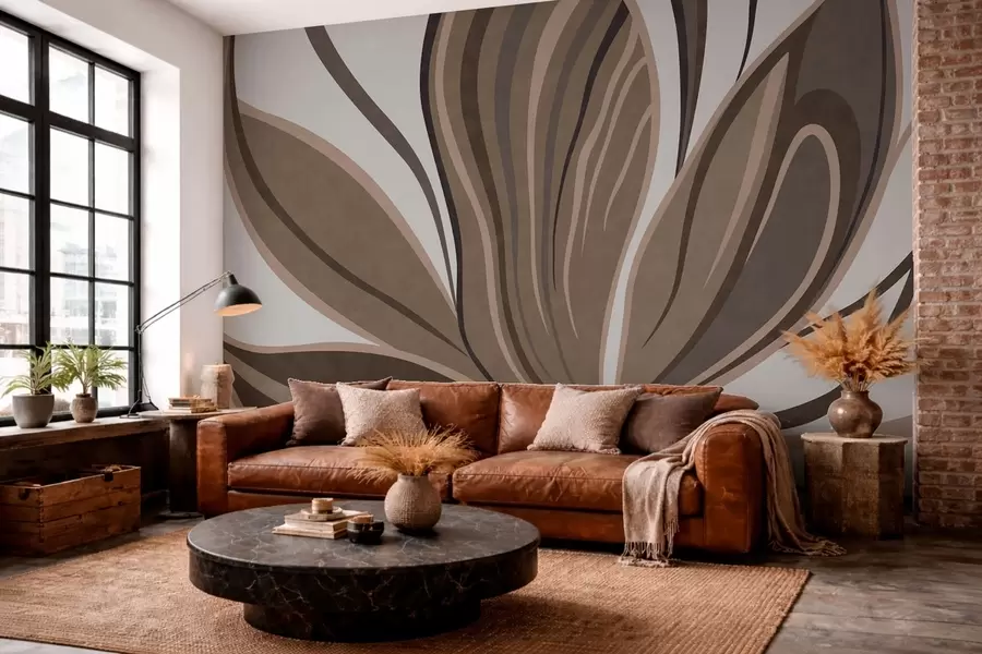 murais de parede Flor estilizada com linhas fluidas em tons de castanho w05147