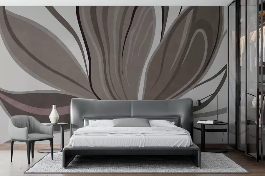 murais de parede Flor abstrata com linhas suaves em tons de cinzento e bege w05147v1