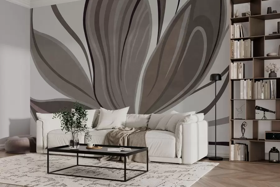 murais de parede Flor abstrata com linhas suaves em tons de cinzento e bege w05147v1
