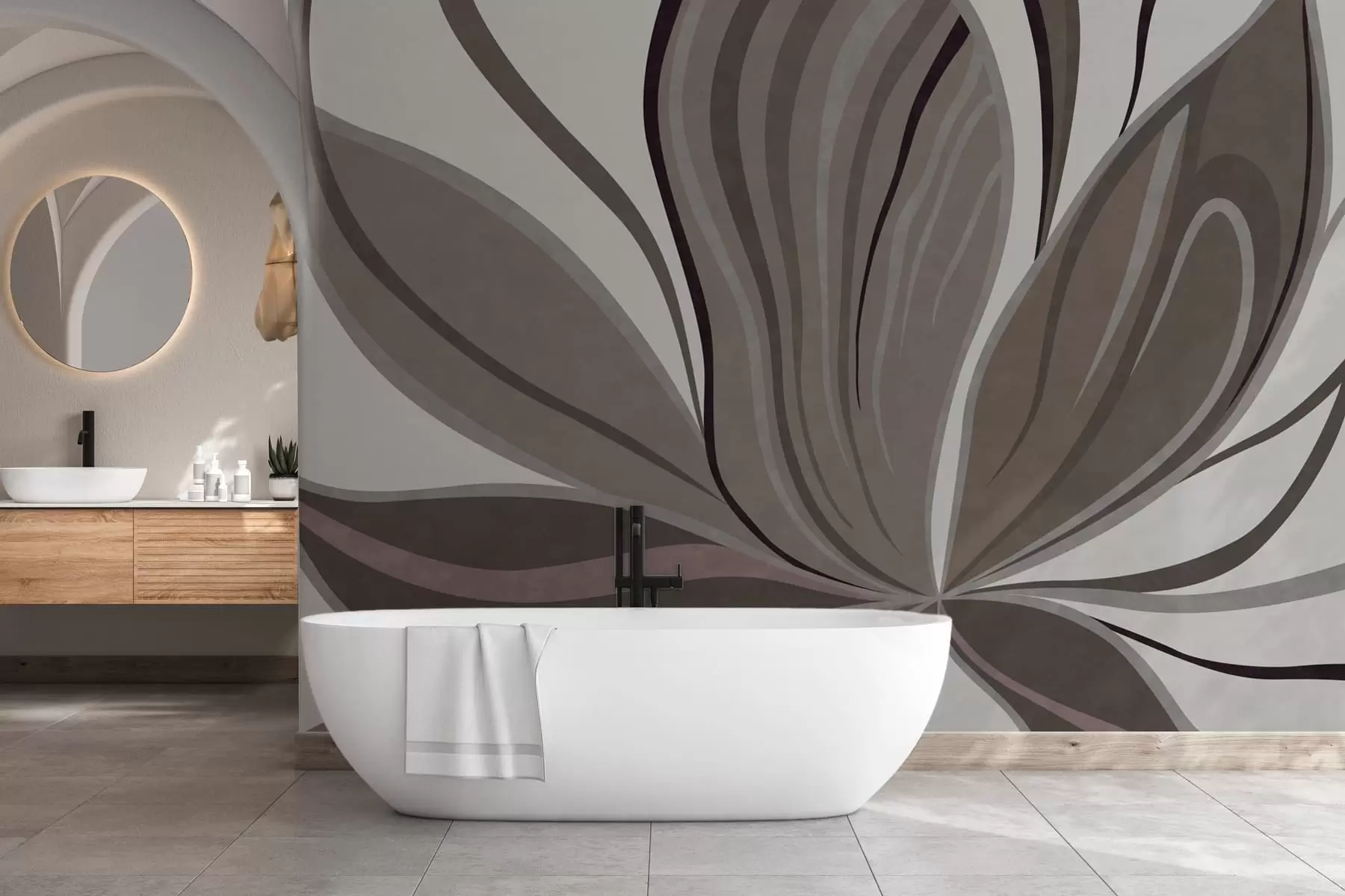murais de parede Flor abstrata com linhas suaves em tons de cinzento e bege w05147v1