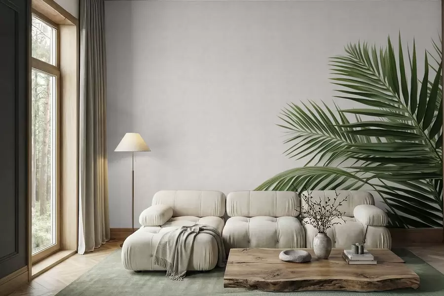 murais de parede Folhas de palmeira verdes sobre um fundo claro w05391