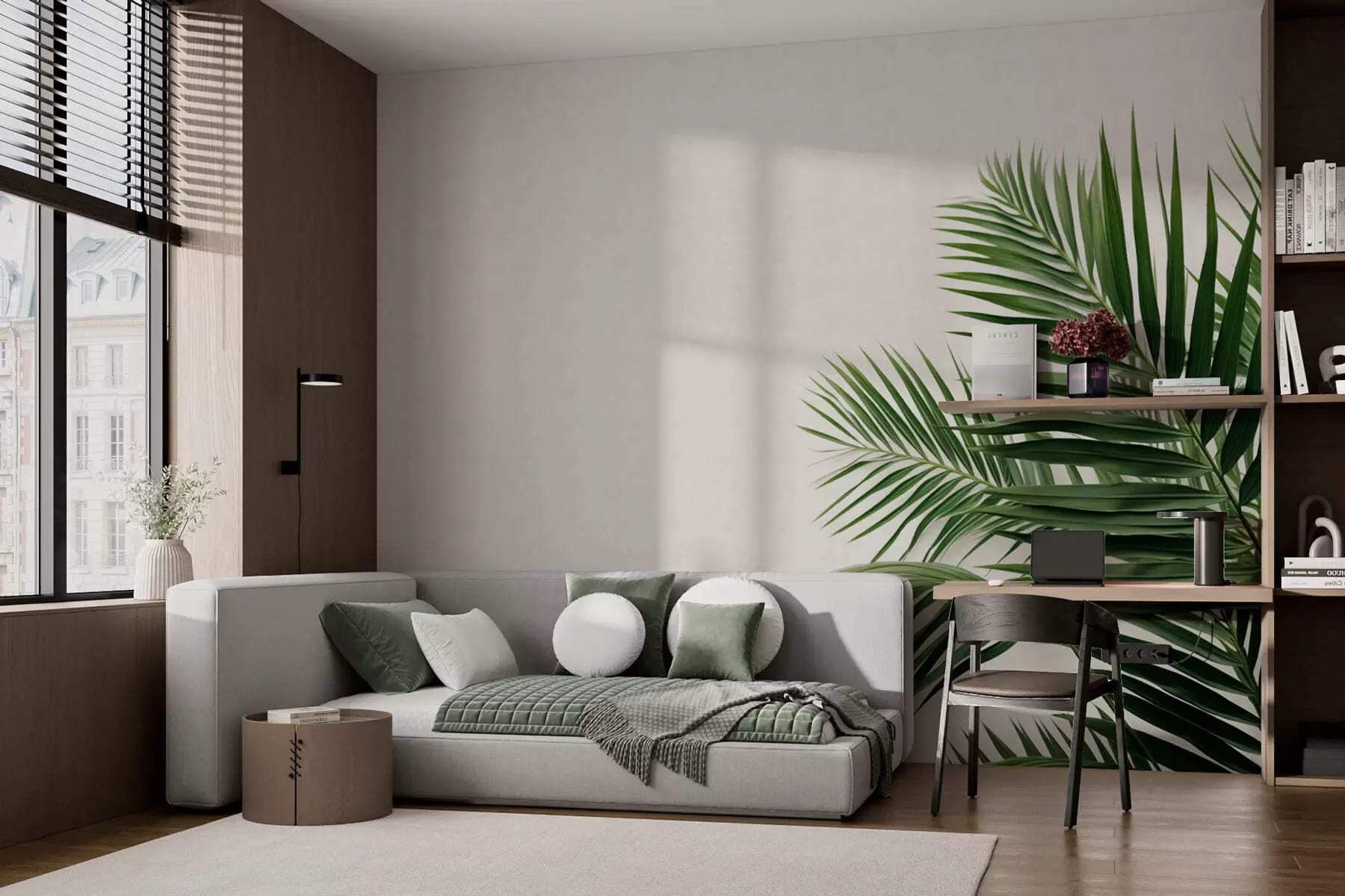 murais de parede Folhas de palmeira verdes sobre um fundo claro w05391