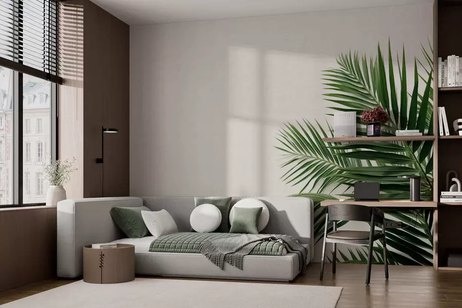 murais de parede Folhas de palmeira verdes sobre um fundo claro w05391