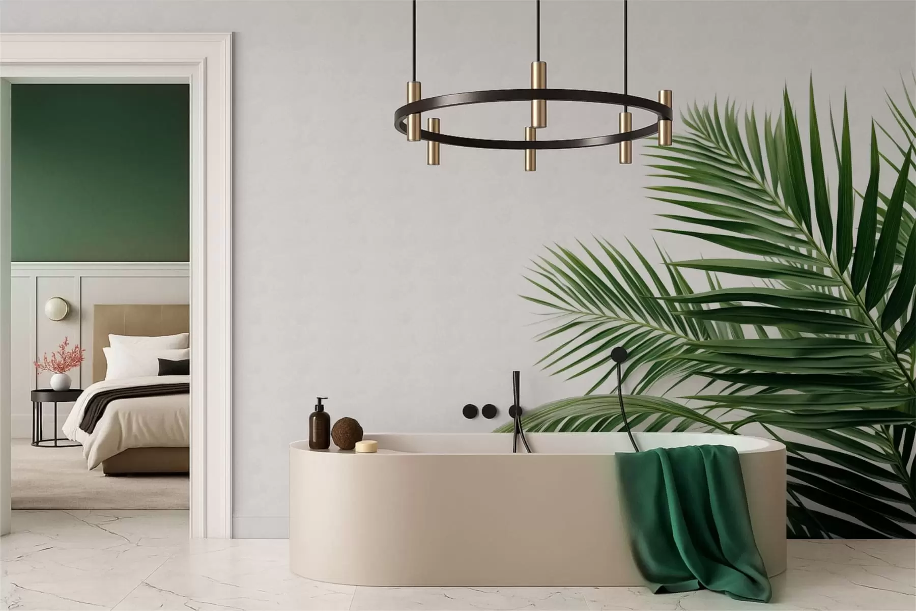 murais de parede Folhas de palmeira verdes sobre um fundo claro w05391