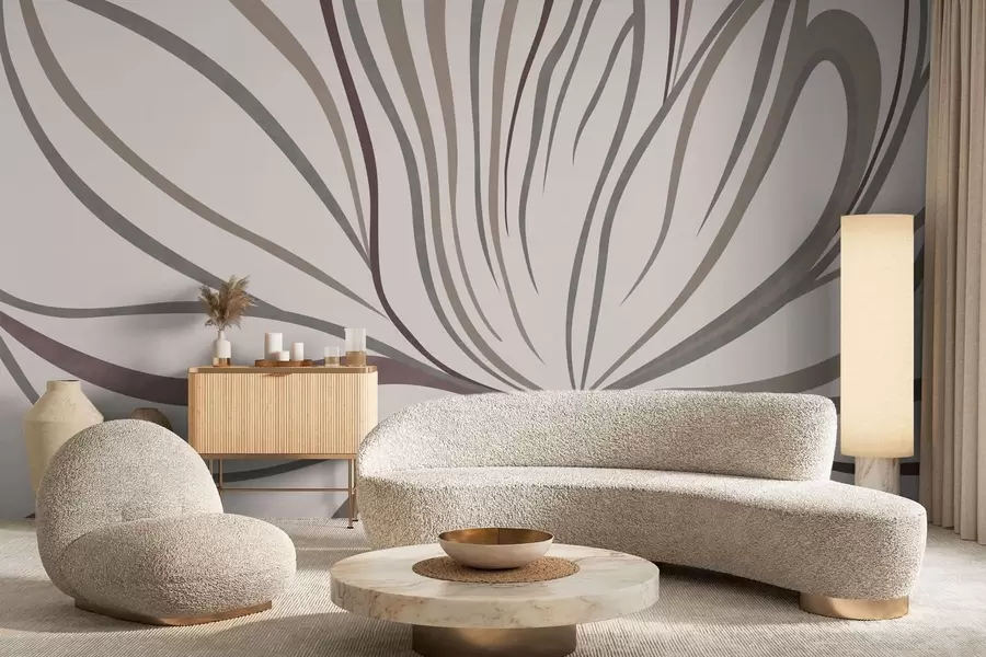 murais de parede Flor abstrata com linhas em tons de cinzento e rosa w05392