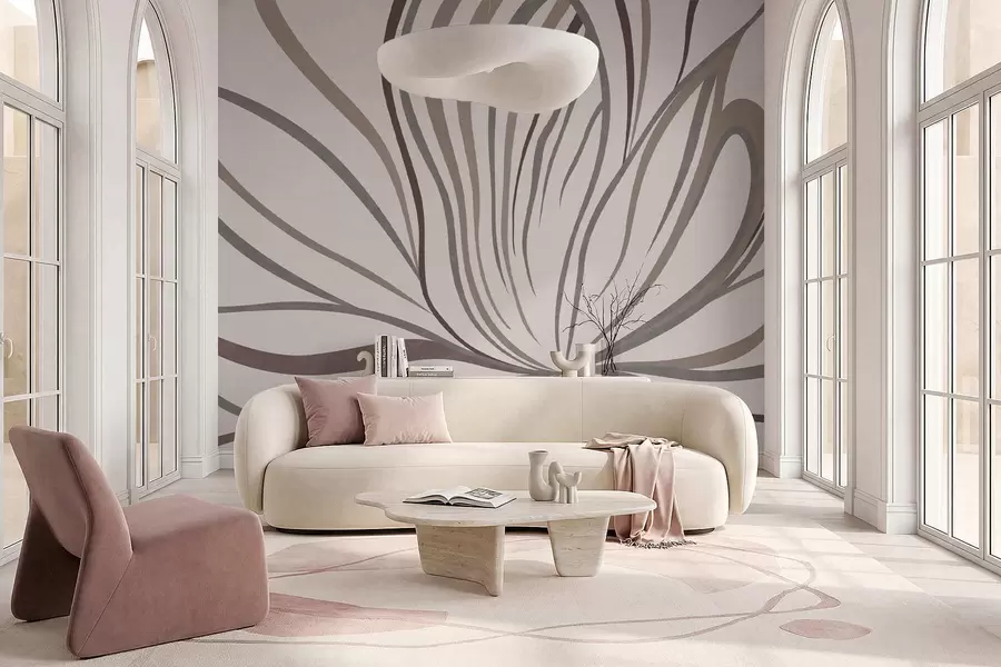 murais de parede Flor abstrata com linhas em tons de cinzento e rosa w05392