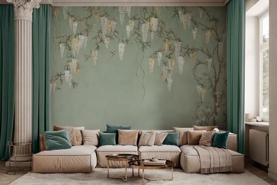 murais de parede Ramos floridos com flores brancas e pássaros sobre um fundo verde w05394