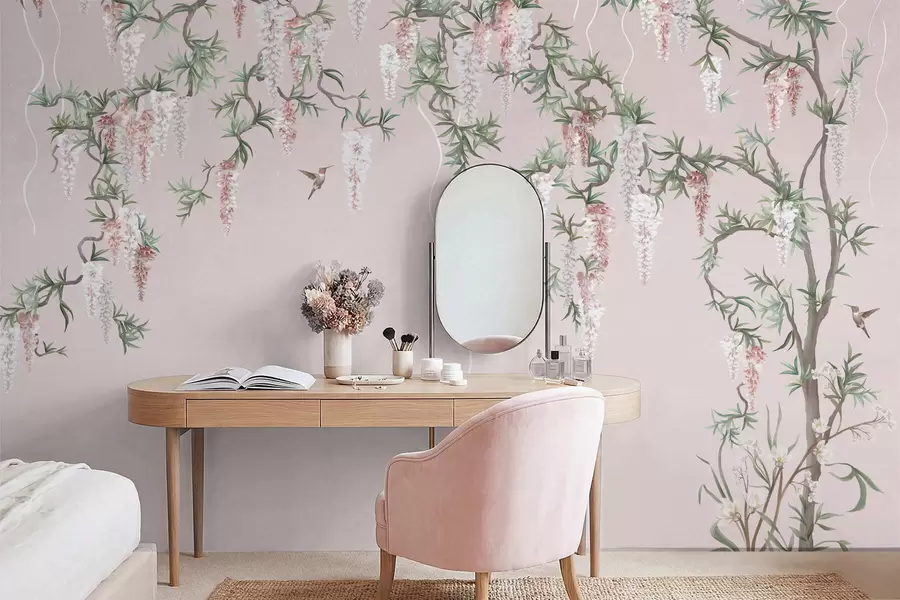 murais de parede Ramos floridos com flores cor-de-rosa e pássaros w05394v1