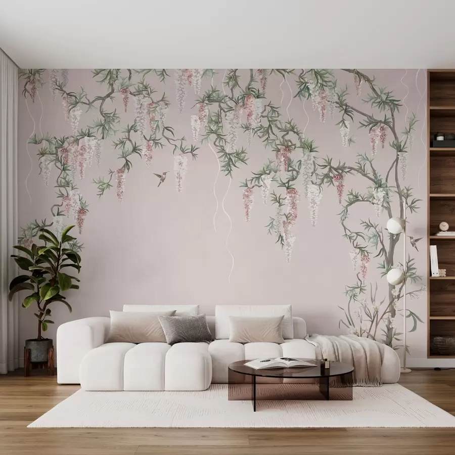 murais de parede Ramos floridos com flores cor-de-rosa e pássaros w05394v1