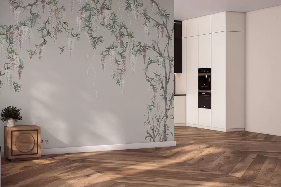 murais de parede Ramos floridos com flores cor-de-rosa e pássaros w05394v1