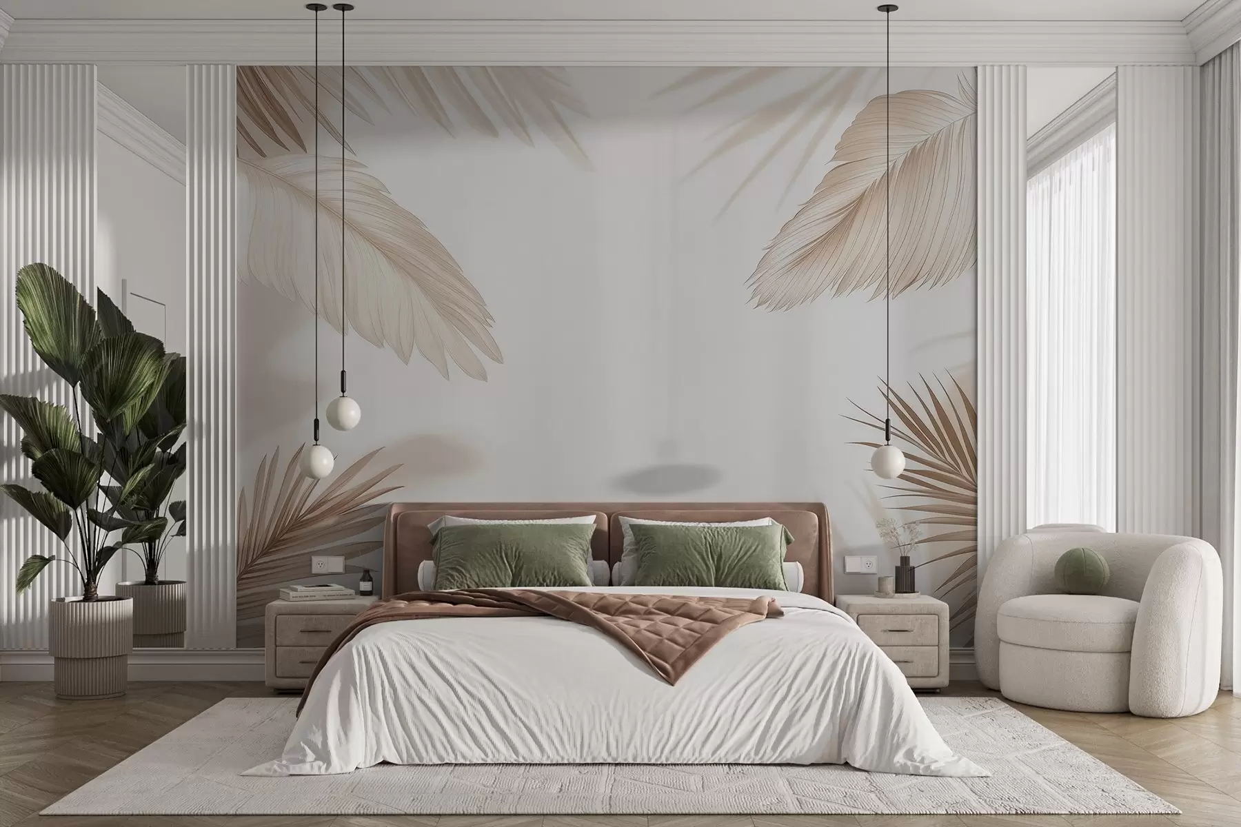 murais de parede Decoração tropical em tons de bege com silhuetas de folhas de palmeira e sombras suaves w09714