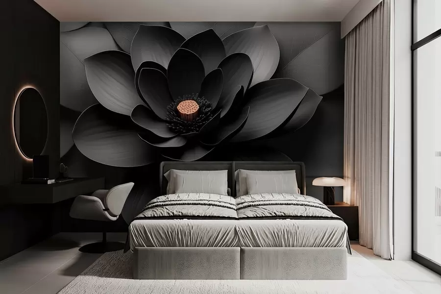 murais de parede Flor preta minimalista com pétalas e um centro quente em contraste w09721