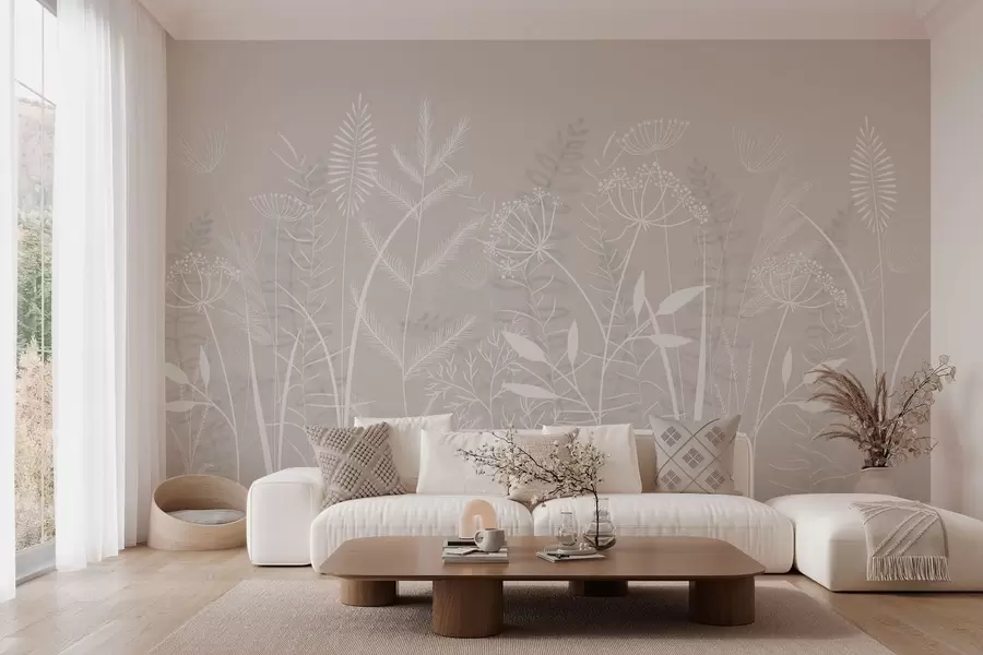 murais de parede delicadas ervas silvestres e flores pintadas à mão sobre um fundo bege w05383v1