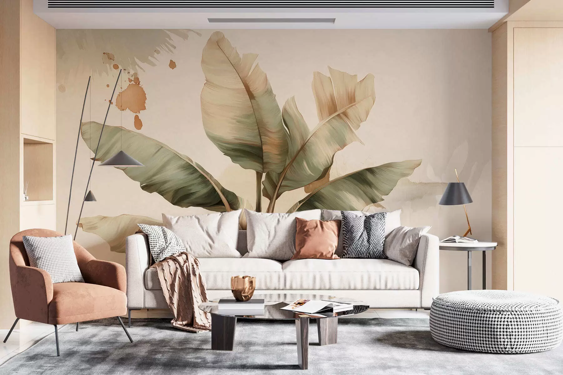 murais de parede um grande e pitoresco ramo de folhas de bananeira com toques de estilo retro  w05384