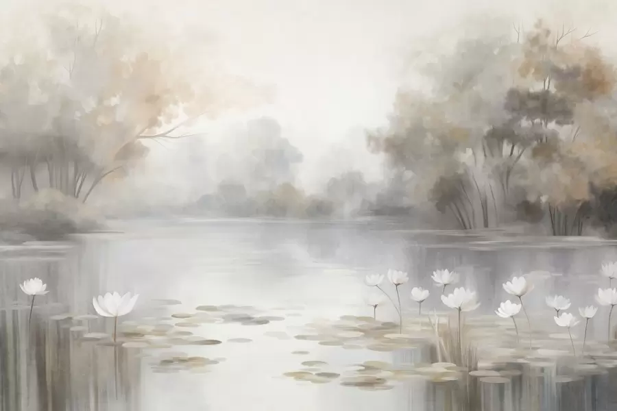 murais de parede Paisagem texturada, lago com nenúfares brancos, rodeado por árvores em tons suaves w09768