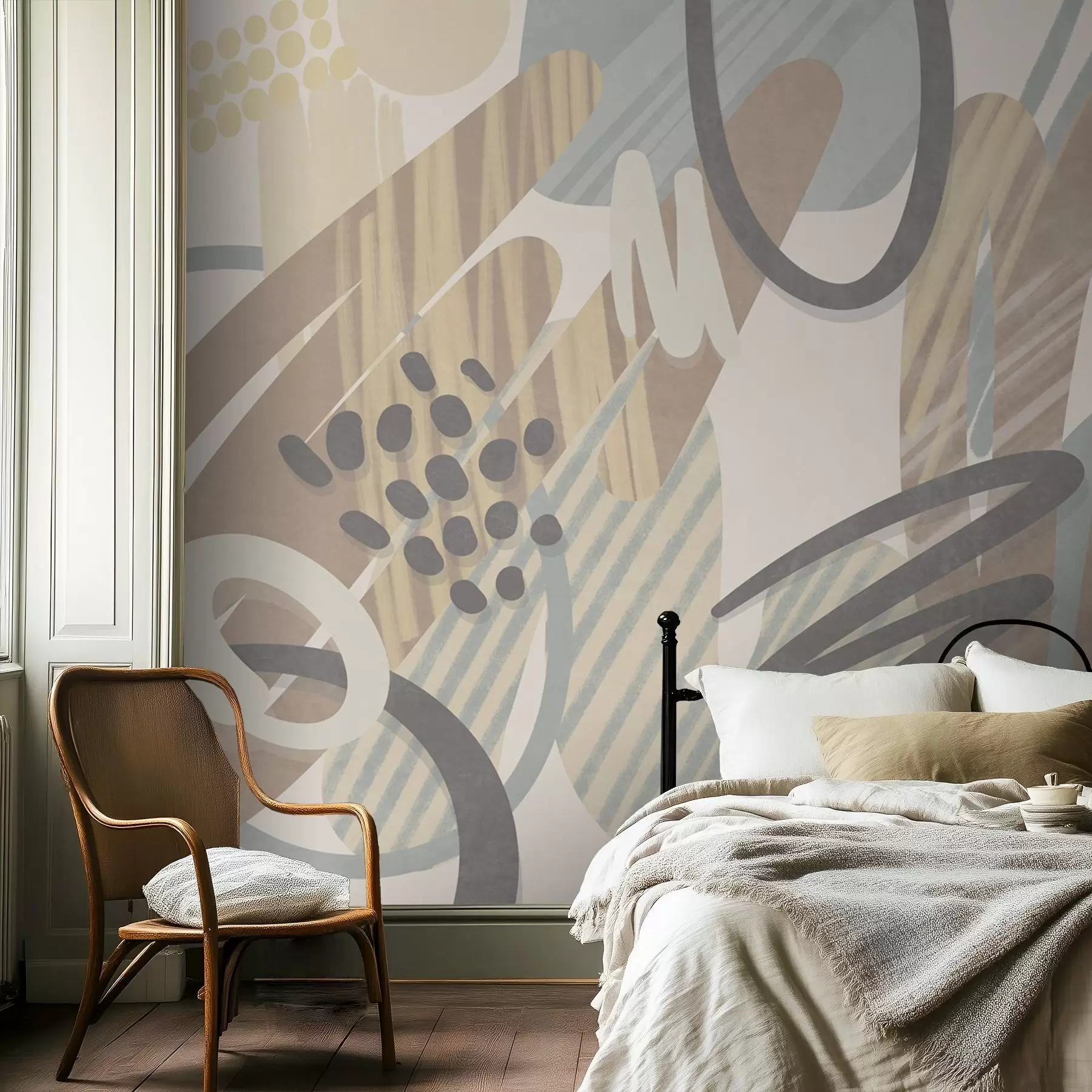 murais de parede Estampado abstrato com texturas, formas orgânicas, rabiscos e pontos em tons pastel suaves w09774