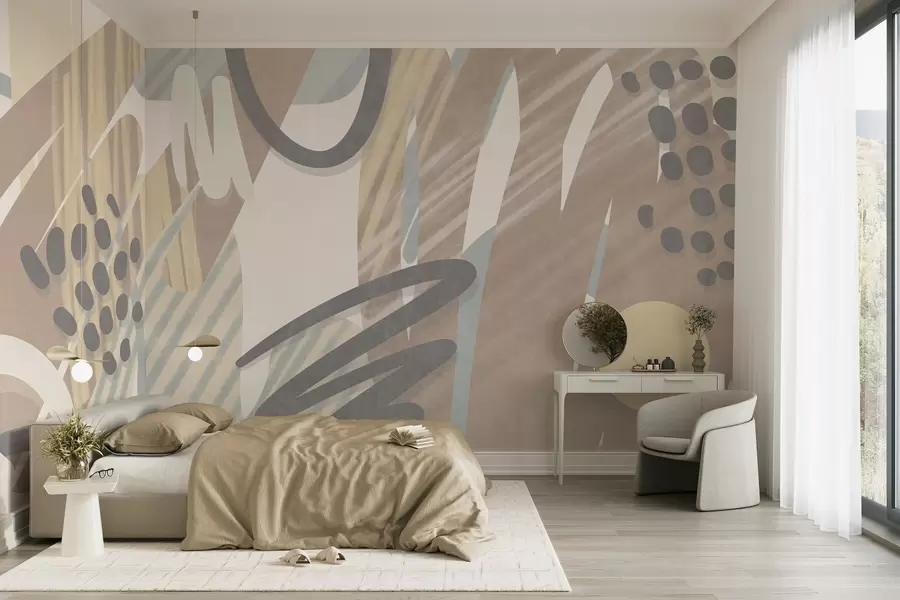 murais de parede Estampado abstrato com texturas, formas orgânicas, rabiscos e pontos em tons pastel suaves w09774