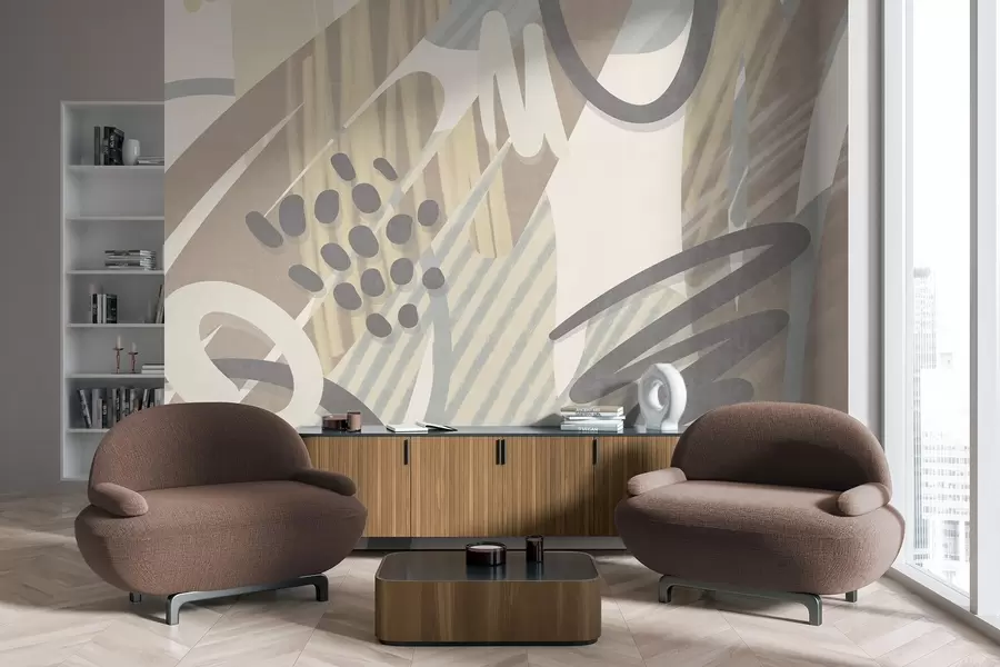 murais de parede Estampado abstrato com texturas, formas orgânicas, rabiscos e pontos em tons pastel suaves w09774