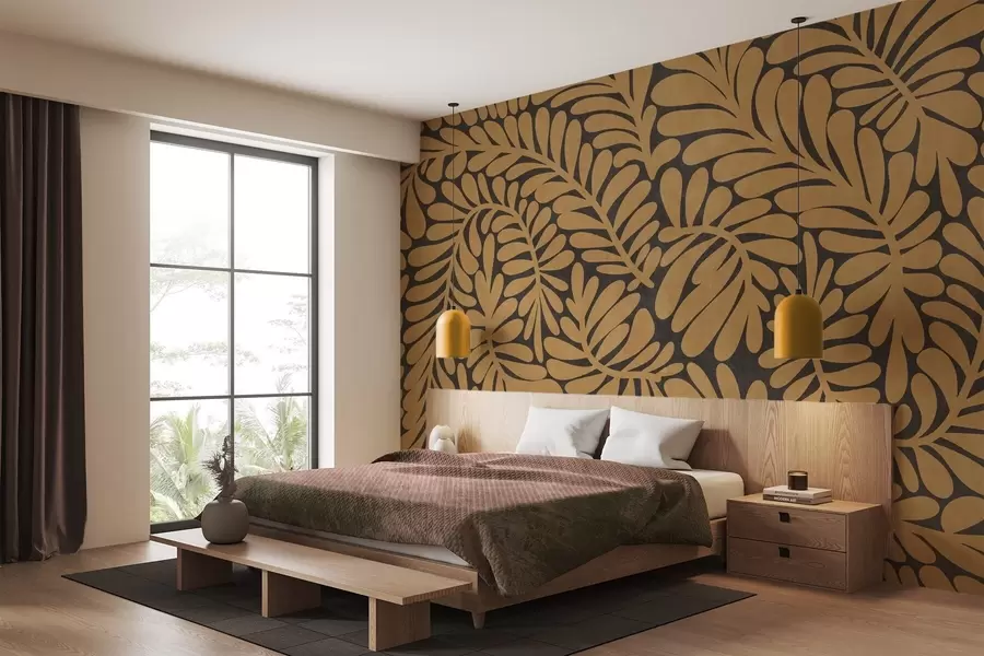 murais de parede Folhas amarelo-mostarda estilizadas sobre um fundo cinzento escuro, obra de arte com textura w09775