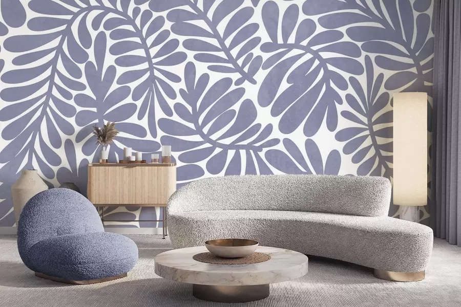 murais de parede Folhas azul-claro estilizadas sobre um fundo claro, arte com textura w09775v1