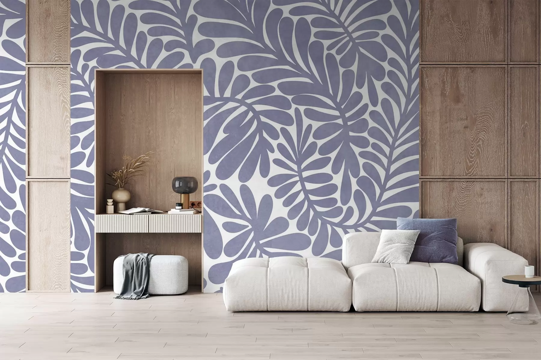 murais de parede Folhas azul-claro estilizadas sobre um fundo claro, arte com textura w09775v1