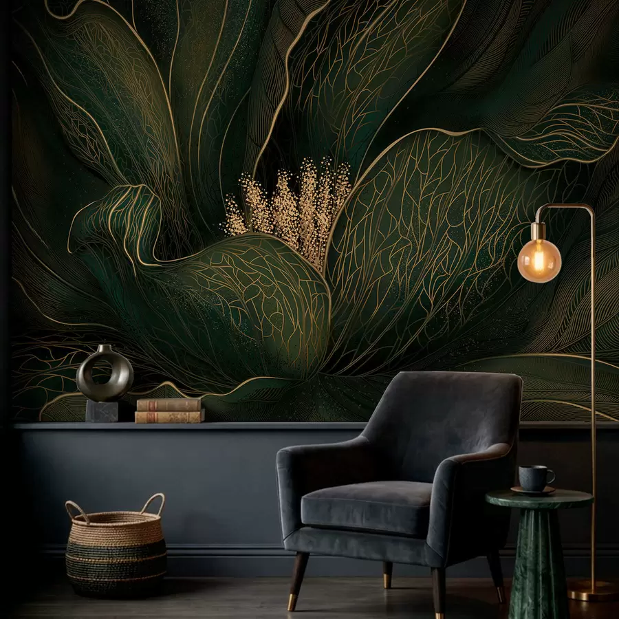 murais de parede Flor abstrata verde-escura com detalhes em linhas finas w05119v1