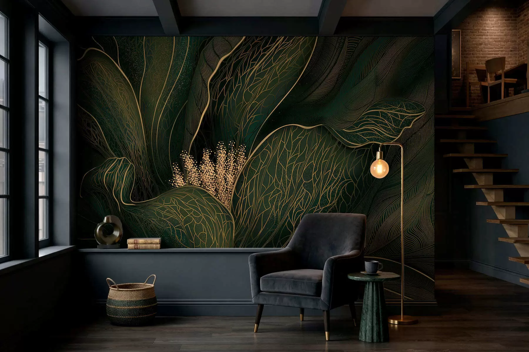 murais de parede Flor abstrata verde-escura com detalhes em linhas finas w05119v1