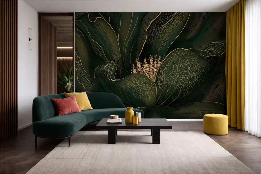 murais de parede Flor abstrata verde-escura com detalhes em linhas finas w05119v1