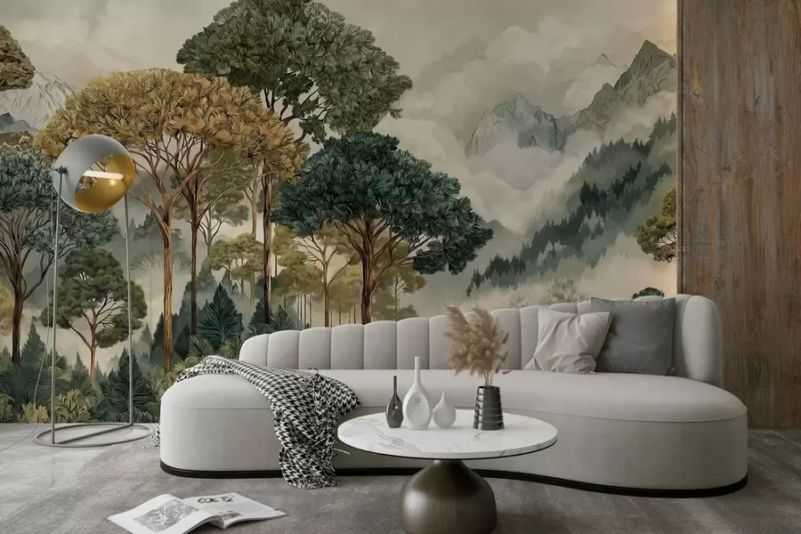 murais de parede Floresta com árvores altas nas montanhas enevoadas w05410