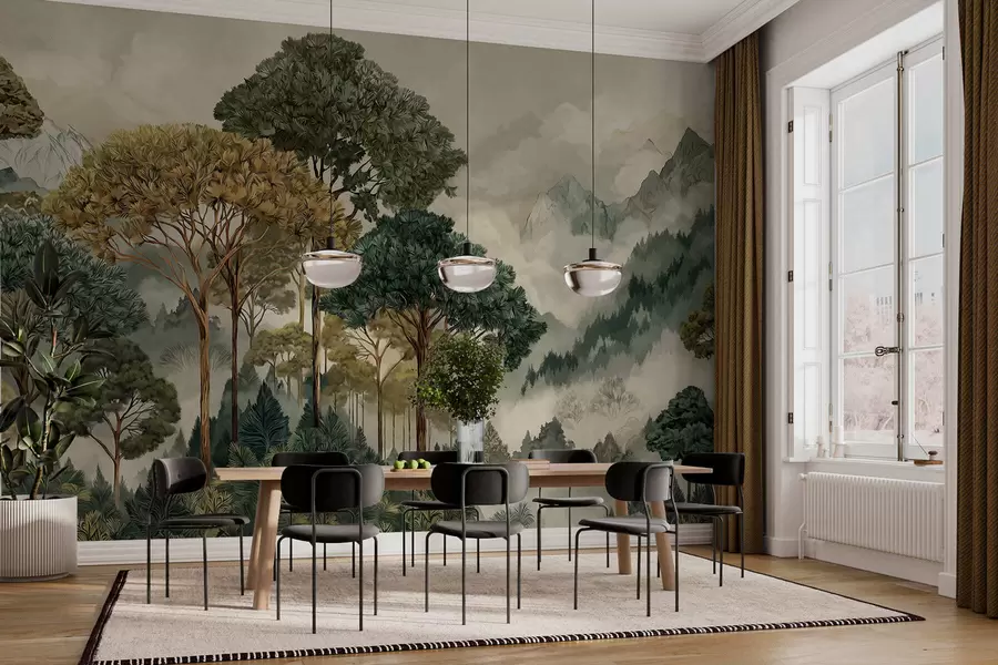 murais de parede Floresta com árvores altas nas montanhas enevoadas w05410