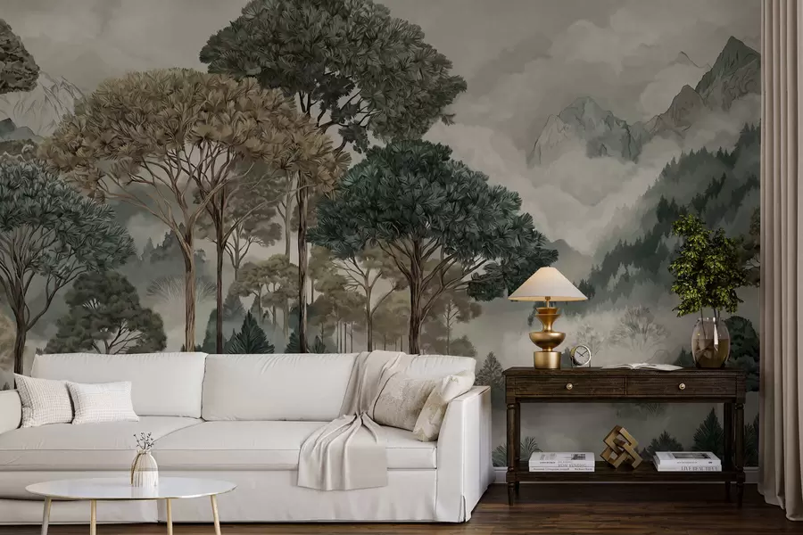 murais de parede Paisagem montanhosa com floresta em tons suaves w05410v1