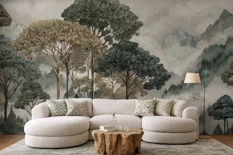 murais de parede Paisagem montanhosa com floresta em tons suaves w05410v1