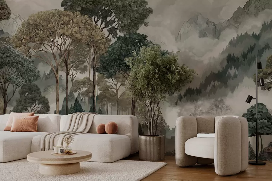 murais de parede Paisagem montanhosa com floresta em tons suaves w05410v1