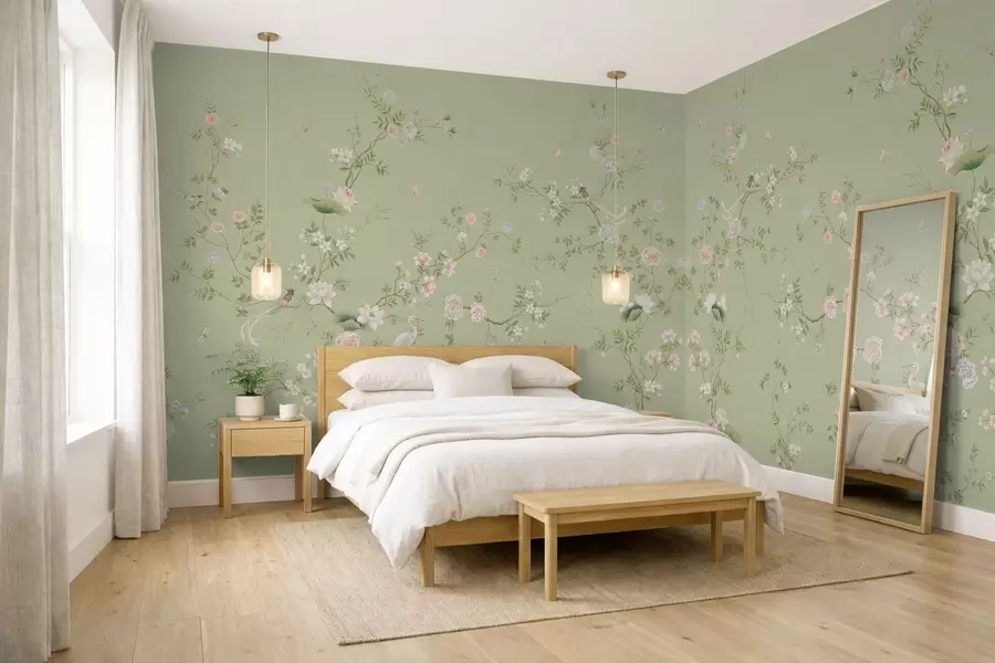 murais de parede Ramos floridos com pássaros sobre um fundo verde claro w05416