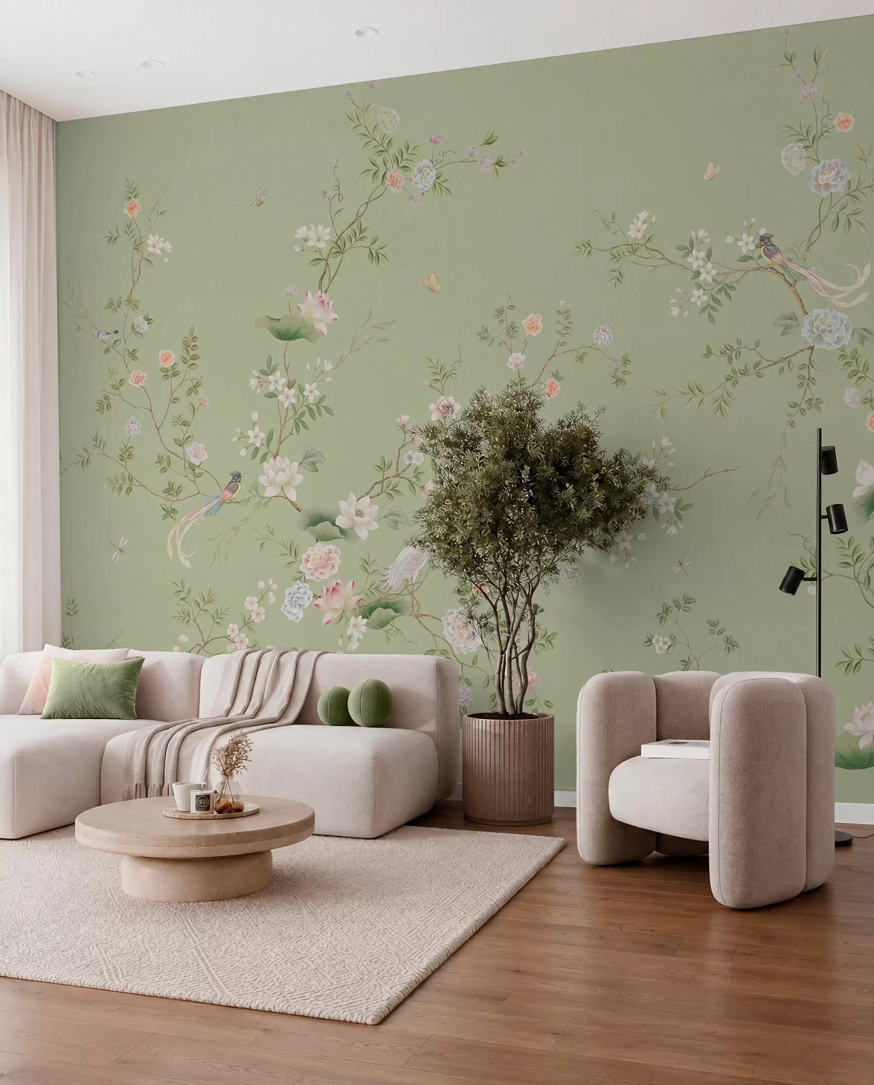 murais de parede Ramos floridos com pássaros sobre um fundo verde claro w05416