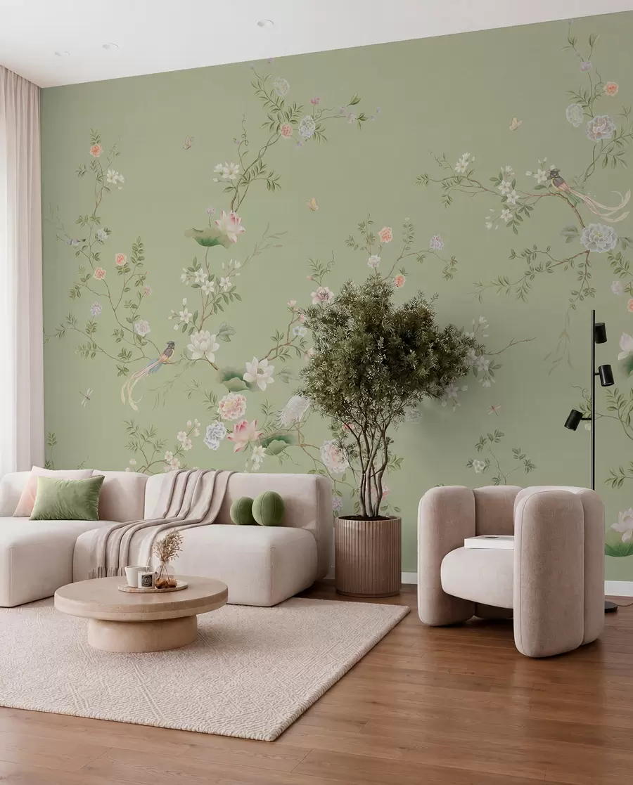murais de parede Ramos floridos com pássaros sobre um fundo verde claro w05416