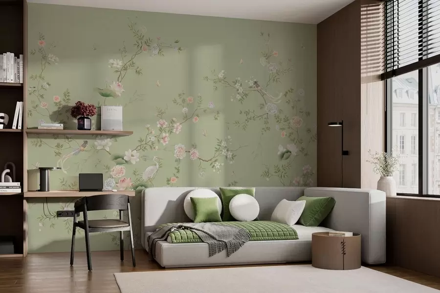 murais de parede Ramos floridos com pássaros sobre um fundo verde claro w05416