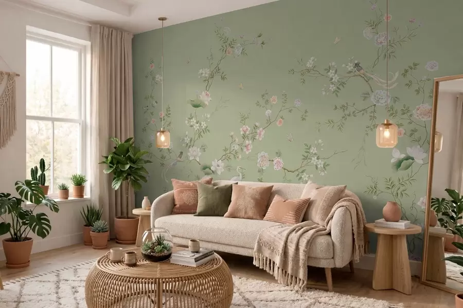 murais de parede Ramos floridos com pássaros sobre um fundo verde claro w05416