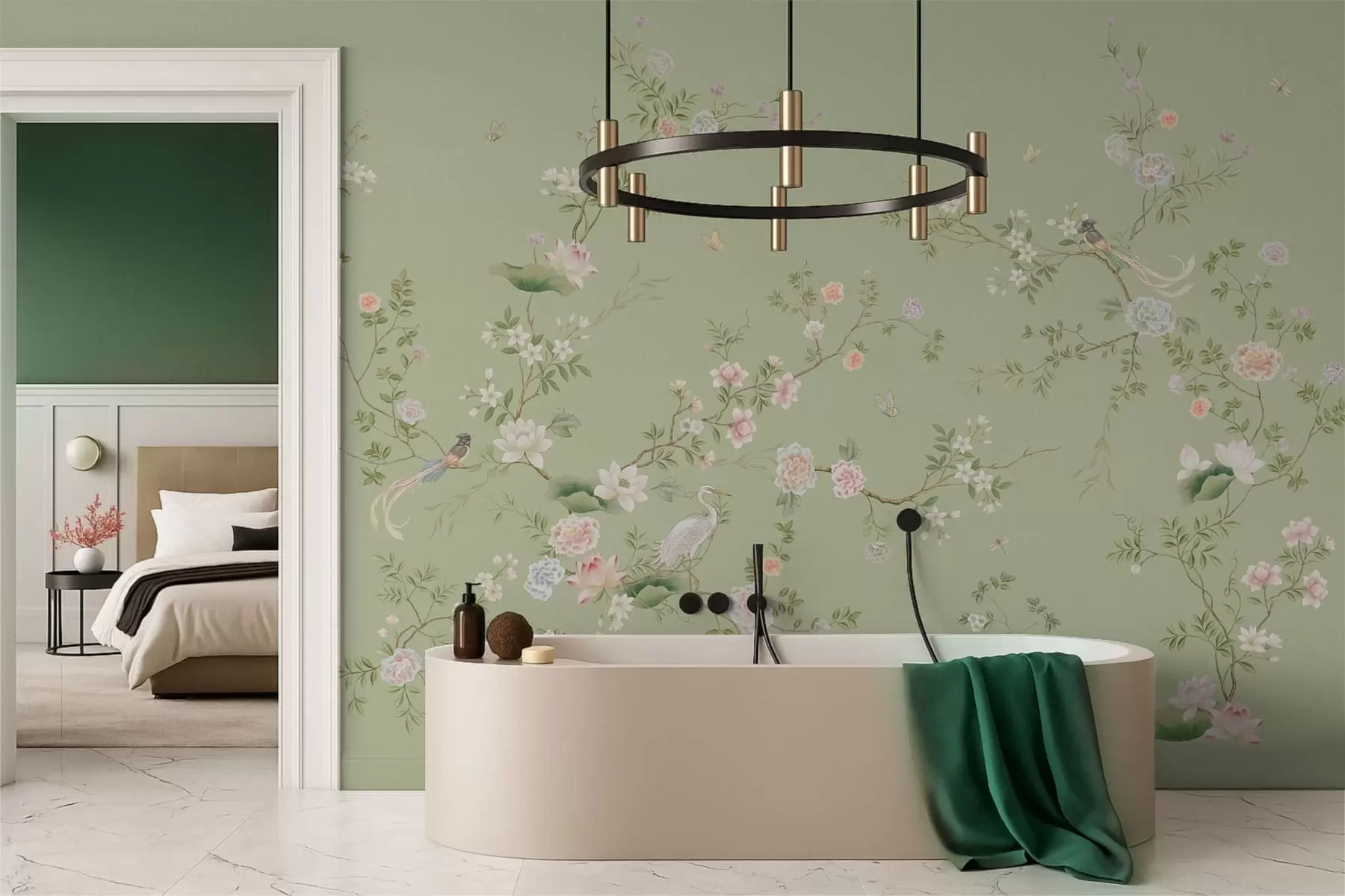 murais de parede Ramos floridos com pássaros sobre um fundo verde claro w05416