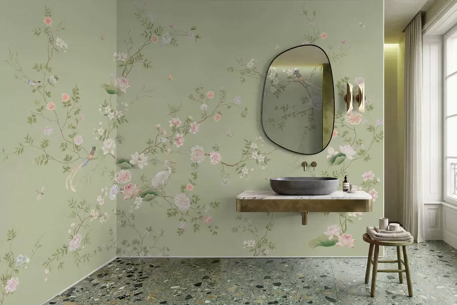 murais de parede Ramos floridos com pássaros sobre um fundo verde claro w05416