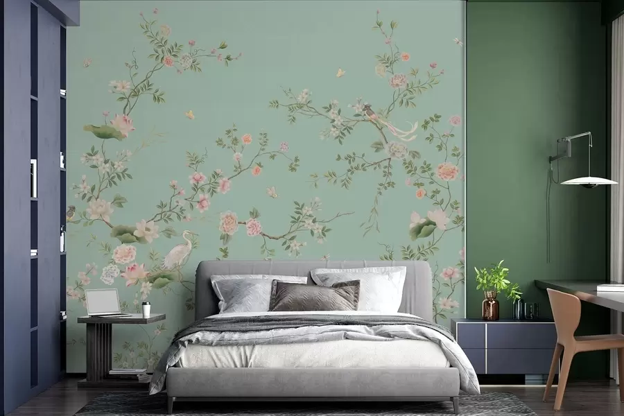 murais de parede Ramos floridos com pássaros sobre fundo azul w05416v1