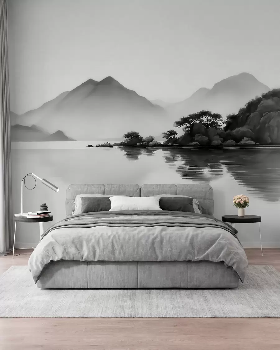 murais de parede Paisagem a preto e branco com montanhas e um lago envoltos numa névoa suave w09803