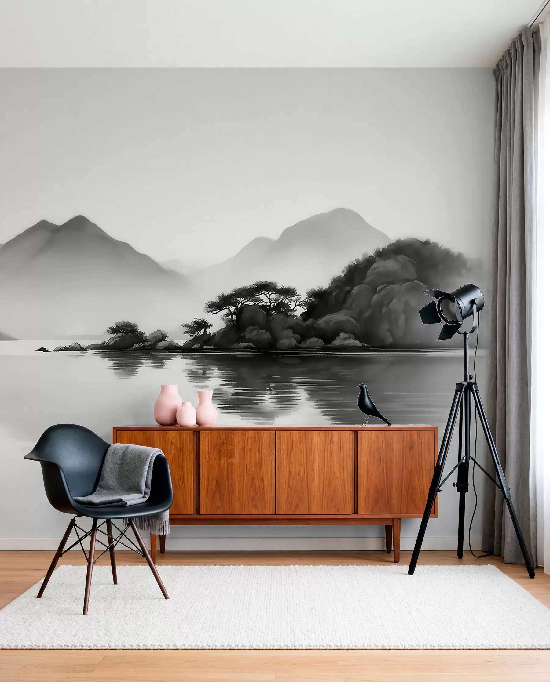 murais de parede Paisagem a preto e branco com montanhas e um lago envoltos numa névoa suave w09803