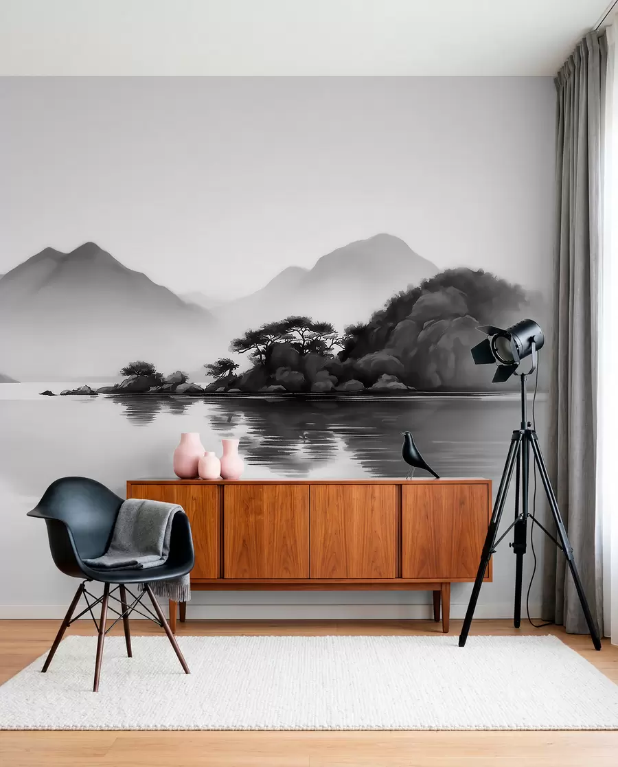 murais de parede Paisagem a preto e branco com montanhas e um lago envoltos numa névoa suave w09803