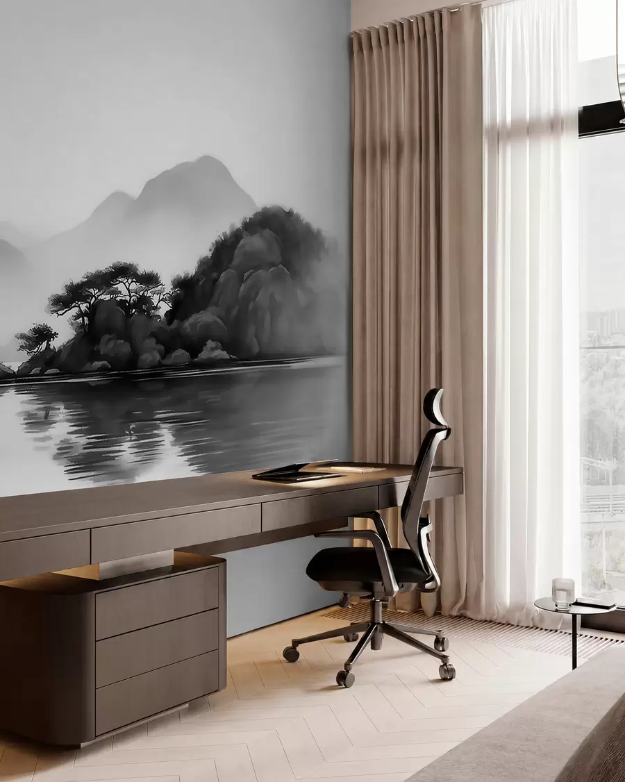 murais de parede Paisagem a preto e branco com montanhas e um lago envoltos numa névoa suave w09803