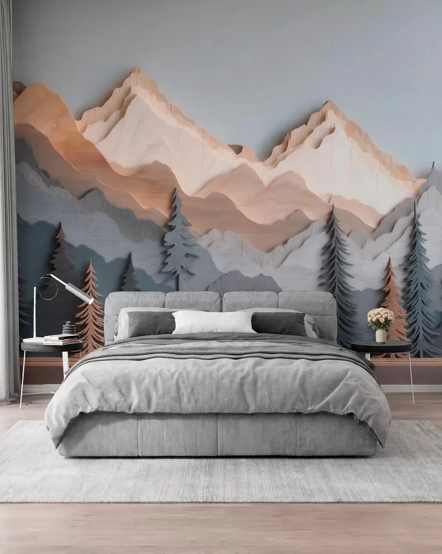 murais de parede Paisagem natural com pinheiros e montanhas em estilo de madeira esculpida w09793