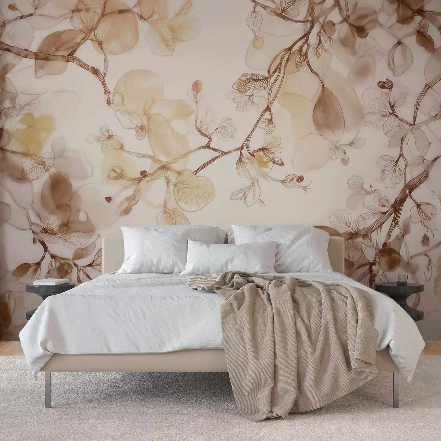 murais de parede Ramos suspensos e esvoaçantes em tons de bege, em estilo aquarela w09795