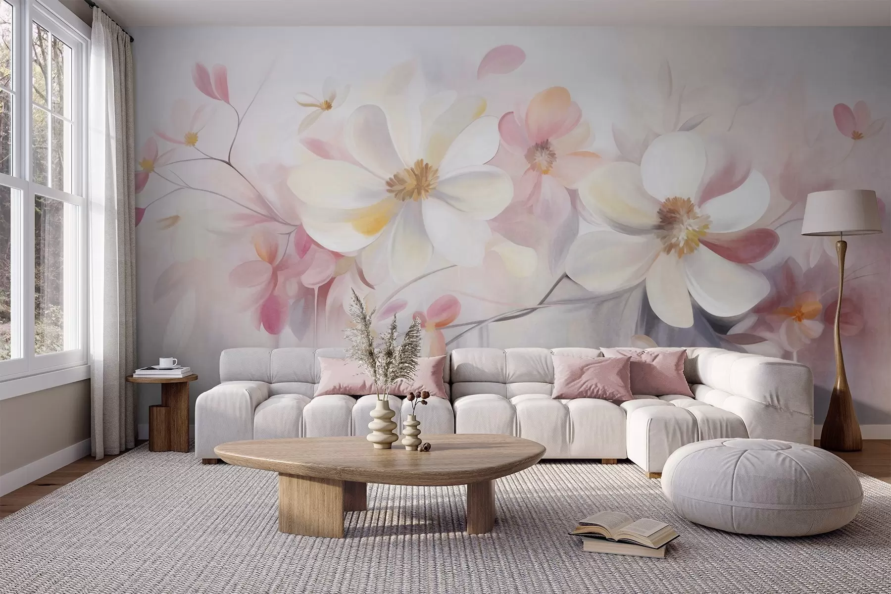 murais de parede Arte com textura de flores brancas e cor-de-rosa com pétalas delicadas, fundo abstrato e suave w09811